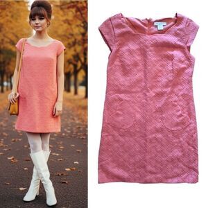 VTG Liz Claiborne Coral Pink Sleeveless Textured Mini Shift Dress Size 4 Petite